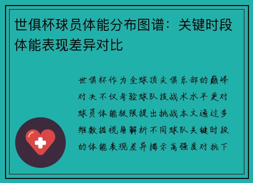 世俱杯球员体能分布图谱：关键时段体能表现差异对比